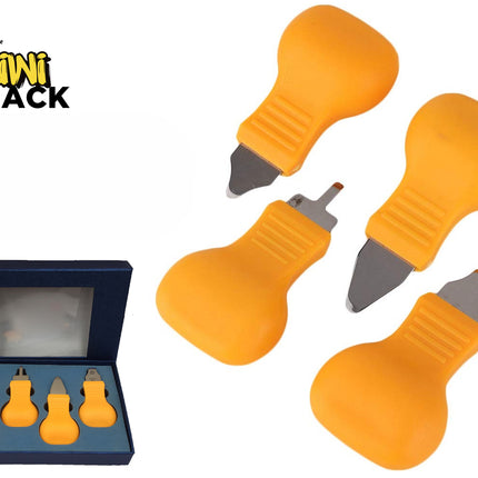 A set of four orange-handled palm scrapers and trimming tools displayed alongside their storage box, featuring the "Kiwi Shack" logo in the top-left corner.