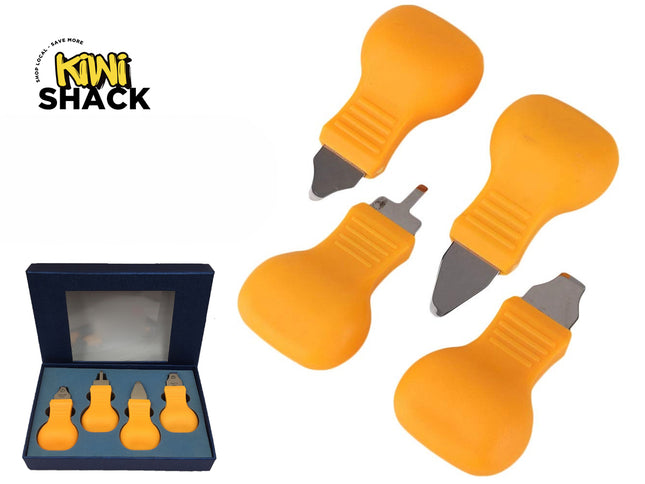 A set of four orange-handled palm scrapers and trimming tools displayed alongside their storage box, featuring the "Kiwi Shack" logo in the top-left corner.