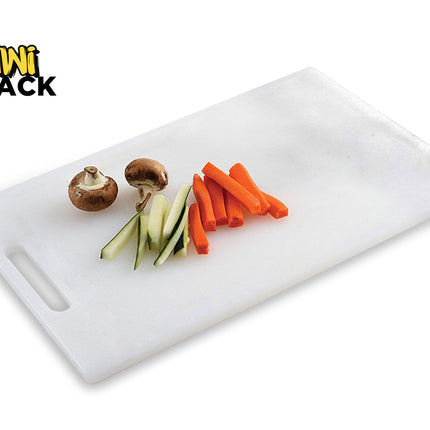 A white plastic cutting board with a handle slot, featuring sliced carrots, zucchini slices, and whole mushrooms, featuring the "Kiwi Shack" logo in the top-left corner.