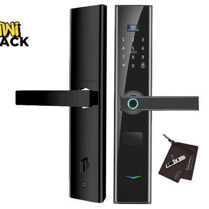 Digital door lock with keypad and keycard on a white background, branded 'Kiwi Shack'.