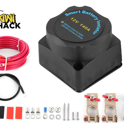 Black battery isolator with wiring and connectors on a white background, featuring Kini Shack branding.