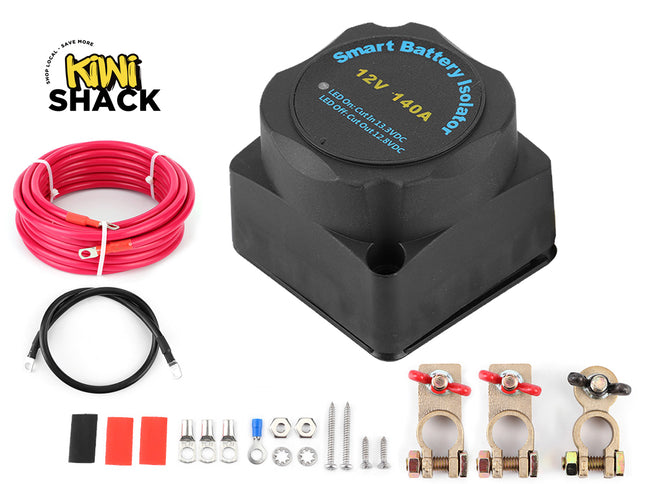 Black battery isolator with wiring and connectors on a white background, featuring Kini Shack branding.