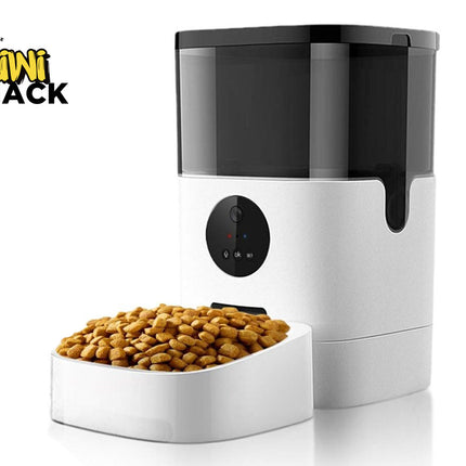 Automatic pet feeder with food on a white background, branded 'Kiwi Shack'.