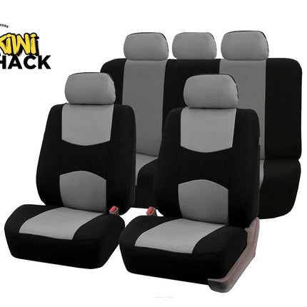 Car Seat Covers Full Set - Universal 5-Seater Fit - Polyester | Black/Grey | 3-Layer Washable | Spill & Pet Protection | 5 Headrests