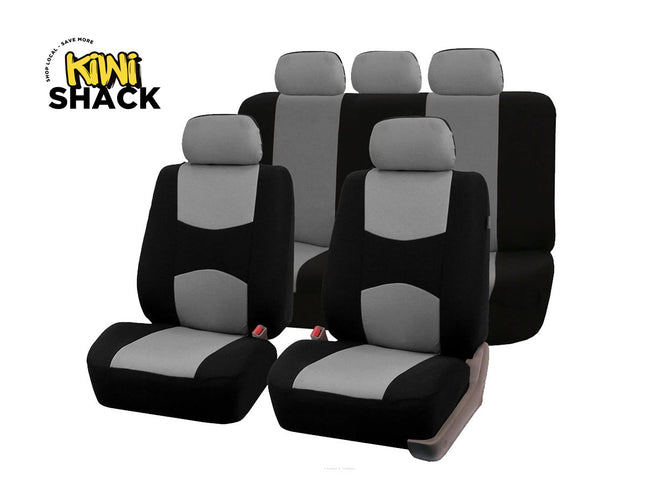 Car Seat Covers Full Set - Universal 5-Seater Fit - Polyester | Black/Grey | 3-Layer Washable | Spill & Pet Protection | 5 Headrests