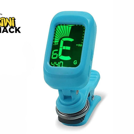 A bright blue clip-on electronic instrument tuner with a glowing green digital display showing the note "E", featuring a "Kiwi Shack" logo in the top left corner.