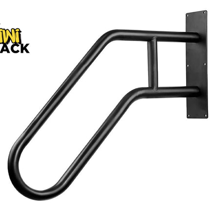 Black metal handrail attached to a white wall with 'Kiwi Shack' branding.