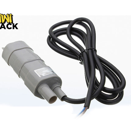 Gray submersible water pump with dual outlets and attached black power cable featuring blue and brown inner wires, branded with Kiwi Shack logo in top left.
