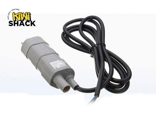 Gray submersible water pump with dual outlets and attached black power cable featuring blue and brown inner wires, branded with Kiwi Shack logo in top left.