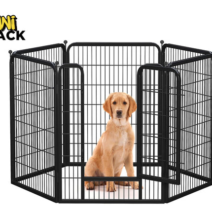 Dog inside a black metal pet playpen with 'Kiwi Shack' branding.