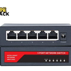 A 5-port network switch by Kiwi Shack, featuring a dark gray metal chassis with five RJ45 ports on the top panel and LED indicators on the bottom panel, shown against a plain white background.