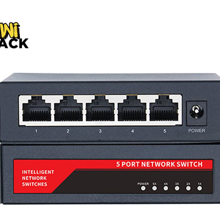A 5-port network switch by Kiwi Shack, featuring a dark gray metal chassis with five RJ45 ports on the top panel and LED indicators on the bottom panel, shown against a plain white background.