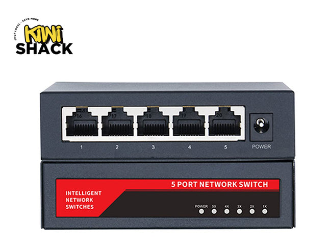 A 5-port network switch by Kiwi Shack, featuring a dark gray metal chassis with five RJ45 ports on the top panel and LED indicators on the bottom panel, shown against a plain white background.