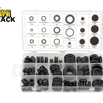Assorted black rubber grommets in a clear plastic organizer with Kiwi Shack branding.