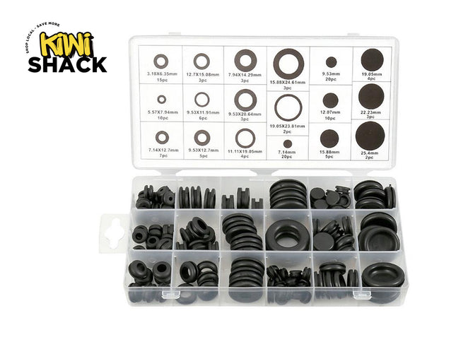 Assorted black rubber grommets in a clear plastic organizer with Kiwi Shack branding.