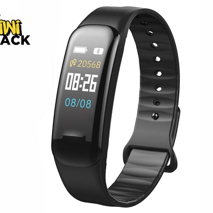 A black fitness tracker and smart band with a digital display showing step count, time, and date, featuring a "Kiwi Shack" logo in the top left corner.
