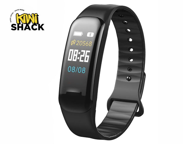 A black fitness tracker and smart band with a digital display showing step count, time, and date, featuring a "Kiwi Shack" logo in the top left corner.