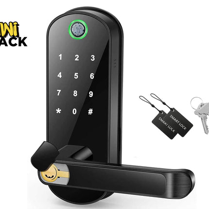 All-black smart biometric door lock with a glowing green fingerprint scanner circle at top, illuminated touch keypad, horizontal lever handle featuring a slide-open manual keyhole, two black RFID key fob tags and two mechanical physical keys on the right, and Kiwi Shack logo in top left.