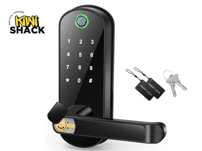 All-black smart biometric door lock with a glowing green fingerprint scanner circle at top, illuminated touch keypad, horizontal lever handle featuring a slide-open manual keyhole, two black RFID key fob tags and two mechanical physical keys on the right, and Kiwi Shack logo in top left.