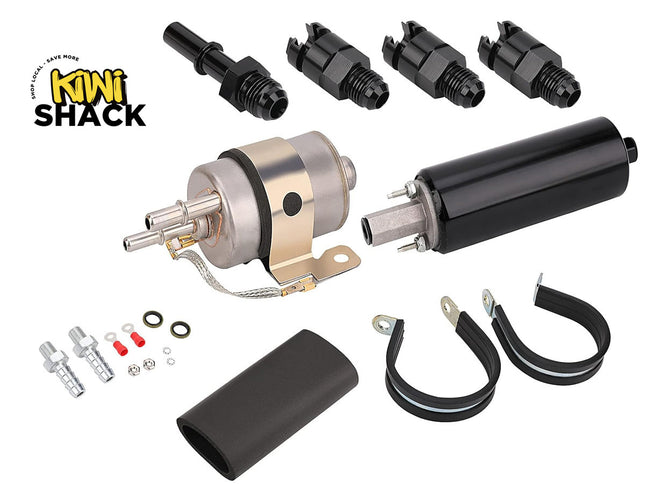 Mechanical parts and components on a white background with Kiwi Shack logo.