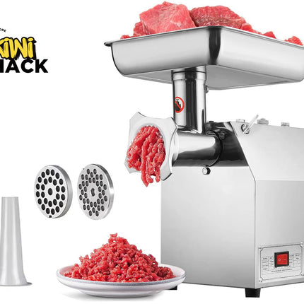 Stainless steel meat grinder with ground meat output, attachments, and raw meat input on a white background.