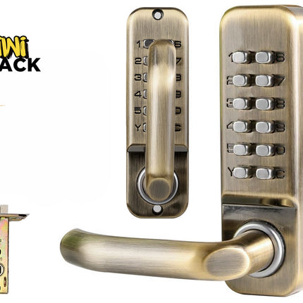 An antique brass mechanical keyless deadbolt and door handle set with digital push buttons, shown from multiple angles alongside its latch mechanism, featuring a "Kiwi Shack" logo in the top left corner.