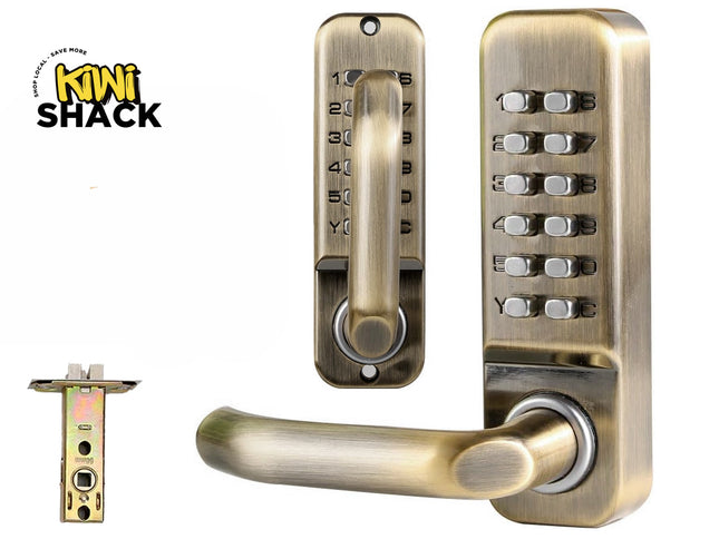 An antique brass mechanical keyless deadbolt and door handle set with digital push buttons, shown from multiple angles alongside its latch mechanism, featuring a "Kiwi Shack" logo in the top left corner.