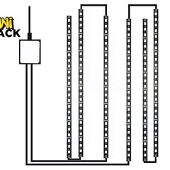 A diagram showing a connected layout of flexible LED strip lights wired to a central power controller unit, featuring a "Kiwi Shack" logo in the top left corner.