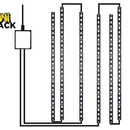 A diagram showing a connected layout of flexible LED strip lights wired to a central power controller unit, featuring a "Kiwi Shack" logo in the top left corner.