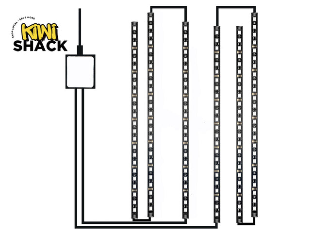 A diagram showing a connected layout of flexible LED strip lights wired to a central power controller unit, featuring a "Kiwi Shack" logo in the top left corner.