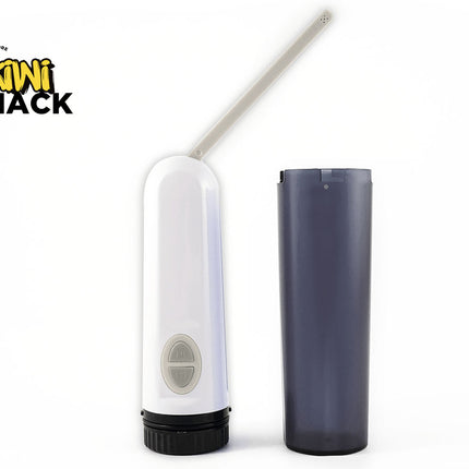 White and black electronic device with a gray cover on a white background, featuring the Kiwi Shack logo.