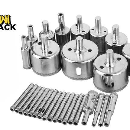 Kiwi Shack professional diamond hole saw drill bit set for glass, tile, ceramics, and marble.
