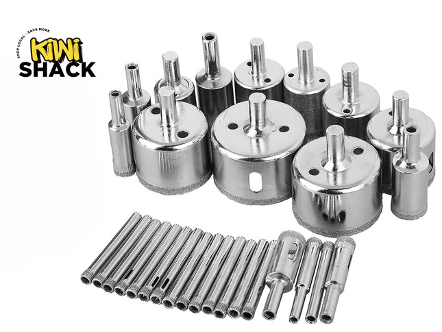 Kiwi Shack professional diamond hole saw drill bit set for glass, tile, ceramics, and marble.