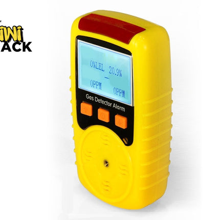 Yellow gas detector alarm with digital display on a white background, branded 'Kiwi Shack'.