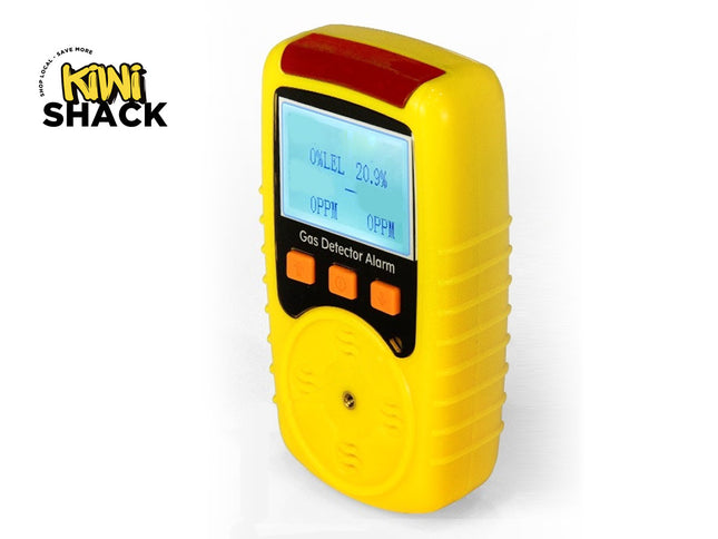 Yellow gas detector alarm with digital display on a white background, branded 'Kiwi Shack'.