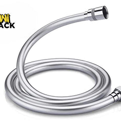 A smooth, flexible silver-finish shower hose with chrome connectors, featuring the "Kiwi Shack" logo in the top-left corner.