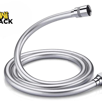 A smooth, flexible silver-finish shower hose with chrome connectors, featuring the "Kiwi Shack" logo in the top-left corner.