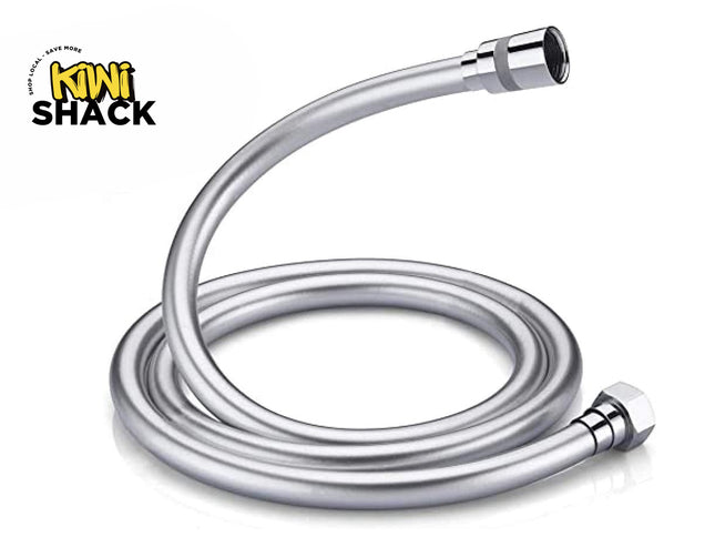 A smooth, flexible silver-finish shower hose with chrome connectors, featuring the "Kiwi Shack" logo in the top-left corner.