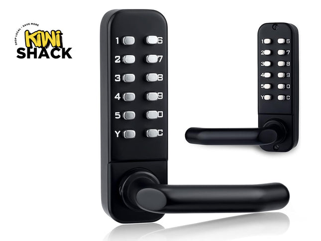 Black electronic keypad door handle with a matching keypad plate, shown from two angles on a white background with a Kiwi Shack logo in the top left corner.