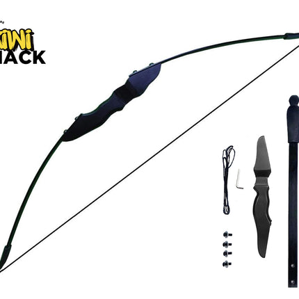 A fully assembled black recurve bow shown on the left, accompanied by its unassembled parts on the right—including a riser, two limbs, a bowstring, screws, and an Allen wrench—with a "Kiwi Shack" logo in the top left corner.