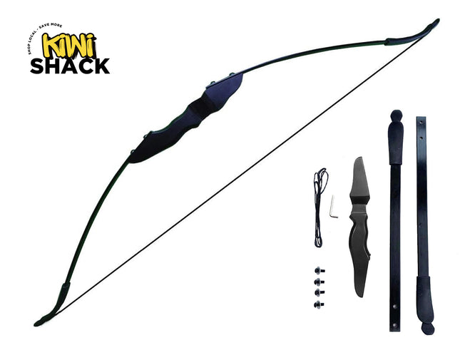 A fully assembled black recurve bow shown on the left, accompanied by its unassembled parts on the right—including a riser, two limbs, a bowstring, screws, and an Allen wrench—with a "Kiwi Shack" logo in the top left corner.