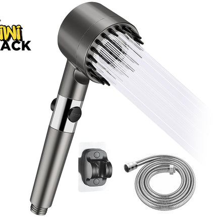 A gunmetal gray handheld shower head spraying water, accompanied by a matching wall mount bracket and a coiled stainless steel shower hose below, set against a white background with the "Kiwi Shack" logo in the top left corner.