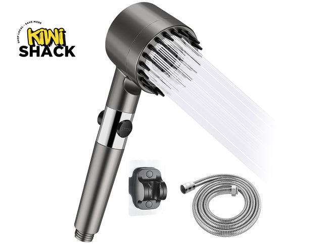 A gunmetal gray handheld shower head spraying water, accompanied by a matching wall mount bracket and a coiled stainless steel shower hose below, set against a white background with the "Kiwi Shack" logo in the top left corner.