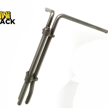 Two parallel metal tuning rods or adjustment tools bound together with adjustable clamps, set against a plain background with the "Kiwi Shack" logo in the top left corner.