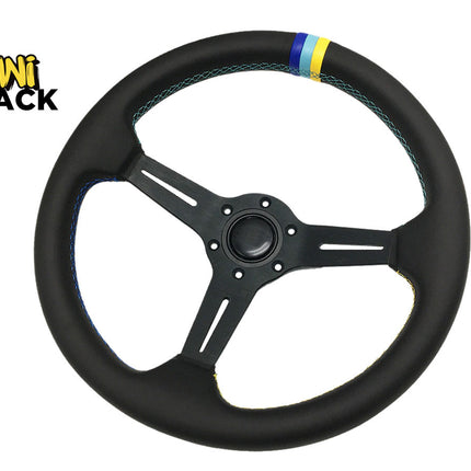 A black three-spoke racing steering wheel cover by Mini Shack, featuring a blue and yellow stripe accent near the top rim, shown on a white background with the Mini Shack logo in the upper left corner.