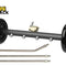 Product shot of a black undercarriage pressure washer attachment with two black wheels on either end, four stainless steel spray nozzles along the bar, a brass inlet valve with a quick-connect plug at the top center, and three extension wands placed underneath. The 'Kiwi Shack' logo appears in the top left corner.