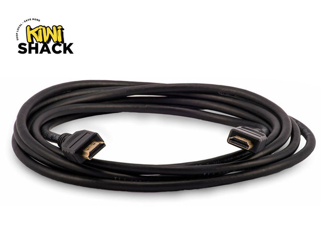 A coiled black HDMI cable with gold-plated connectors, featuring the "Kiwi Shack" logo in the top-left corner.