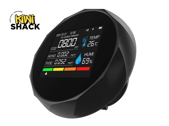 5-in-1 Air Quality Monitor - CO2, HCHO & TVOC Detector | with Bluetooth App, Temp & Humidity, 2.8" LCD, 1500mAh Battery, Black