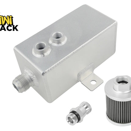 An aluminum engine oil reservoir tank with two threaded ports, a mounting bracket, a small metal fitting, and a cylindrical filter, shown on a white background with the Kiwi Shack logo in the top-left corner.