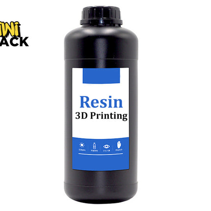 A black bottle of Kiwi Shack Resin 3D Printing material with a white and blue label, shown on a plain white background with the Kiwi Shack logo in the top-left corner.